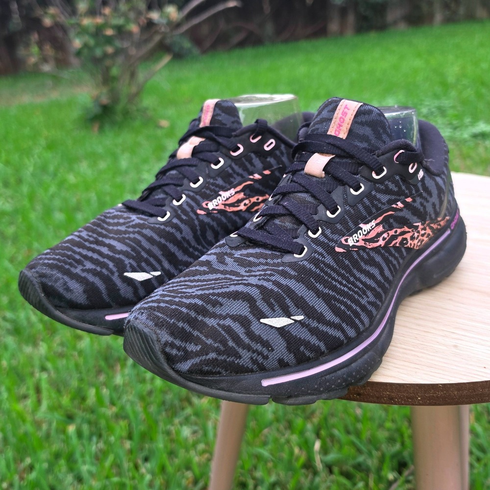 Brooks Ghost 15 Womens Running Shoes Black Grey Tiger Rose Gold Leopard Print